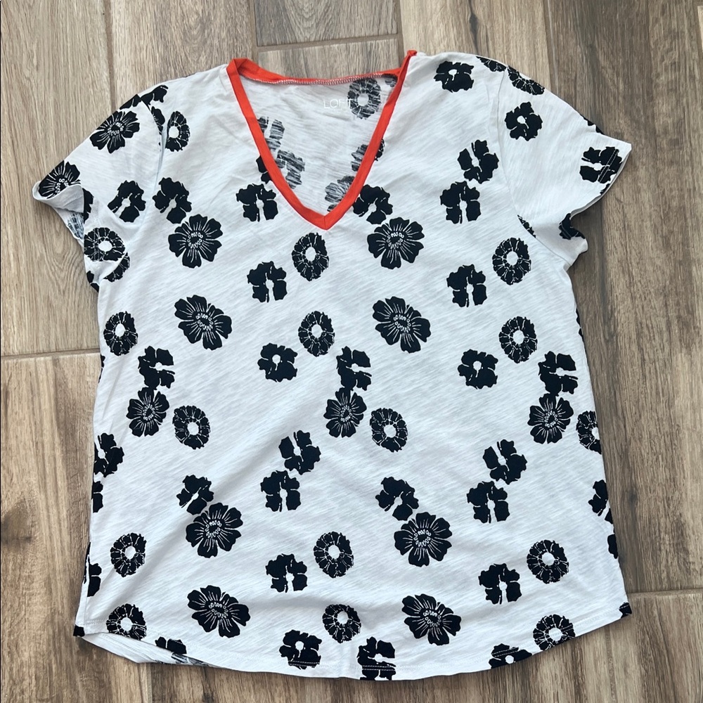 LOFT Black Floral Print V-Neck Tee with Orange Trim